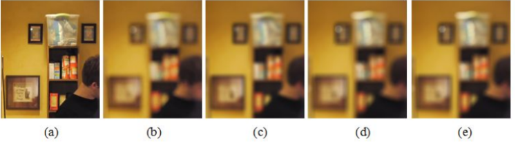 (a): 原始图像 (b): 真实相机的景深模糊效果 (c): 高斯分布的点扩散函数的景深模糊效果(d): 均匀分布的圆形点扩散函数的景深模糊效果 (e): 均匀分布的六边形点扩散函数的景深模糊效果